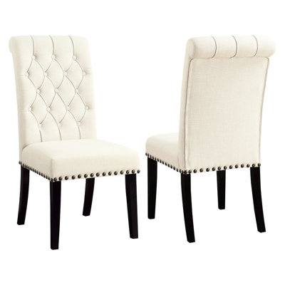 Beige Fabric Upholstered Chairs   Of 2 , Boasting Charming Rolled Backs 2 With Alluring And Trim