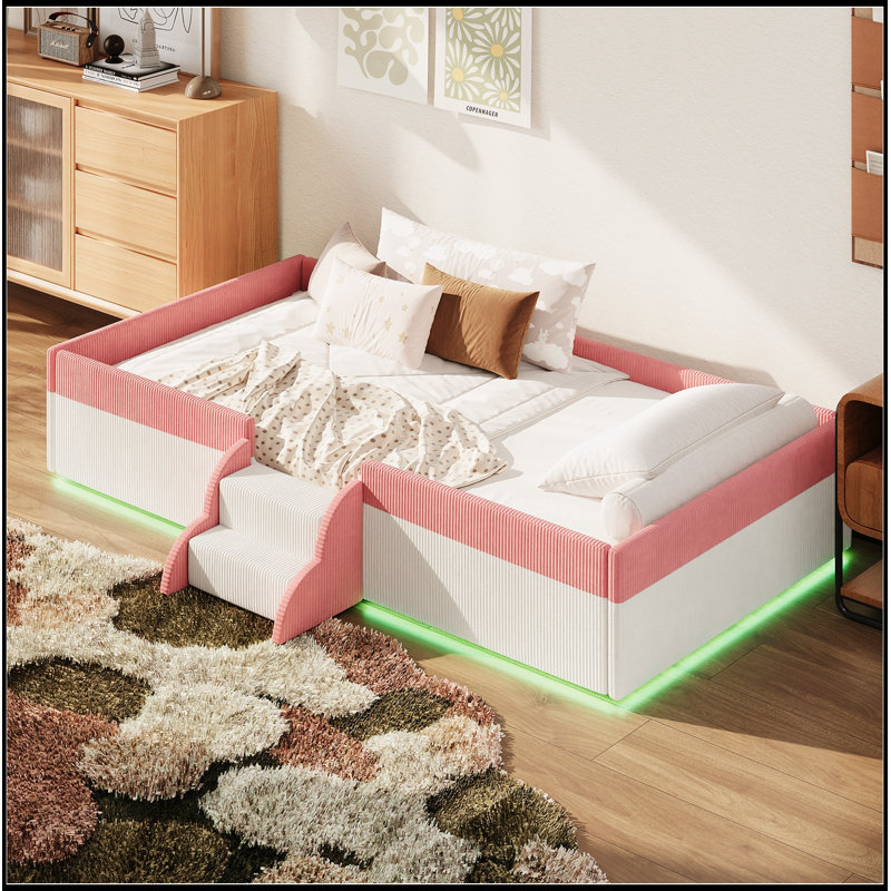 Lit simple tapissier avec clôture, marches à 2 niveaux et DEL intelligente, Pink+White