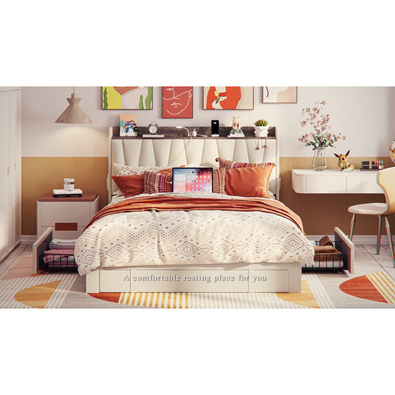 Gray Full Upholstered Linen Bed Frame with Storage Drawers