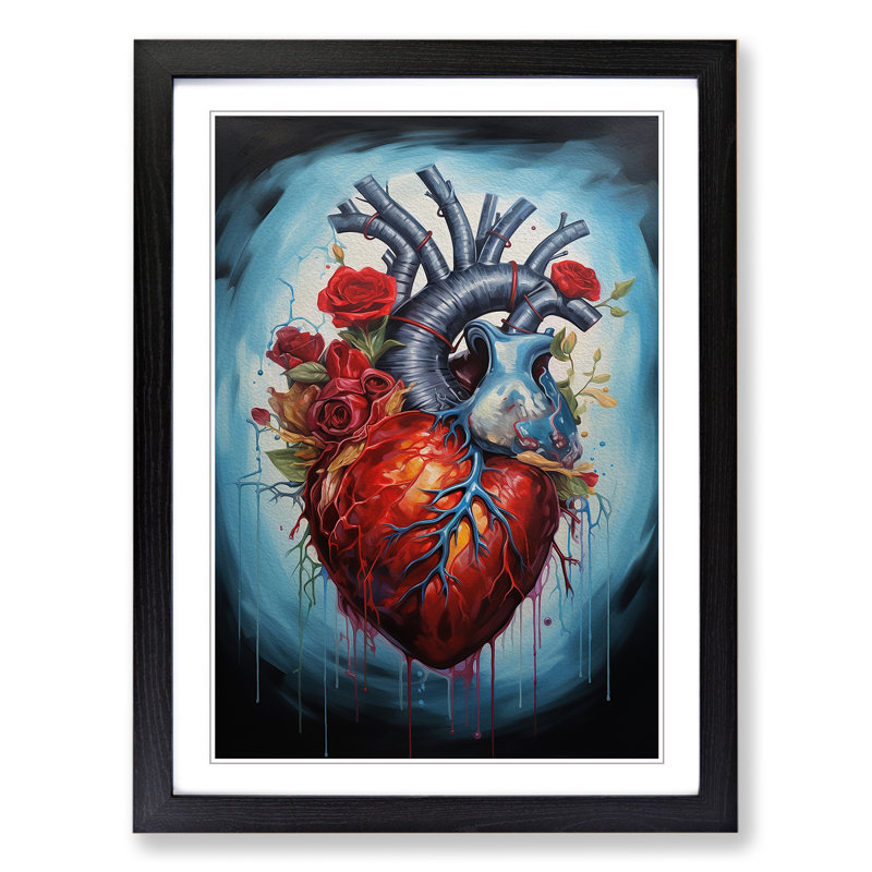 XYZ-FRM-V1223-1816 Anatomical Heart Hard Edge Painting 1 Piece Single Picture Frame Wall Art, 64cm H x 46cm W x 2cm D, Black