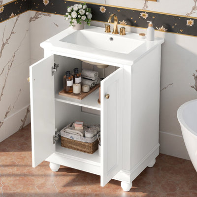 Meuble-lavabo simple autoportant 24 po avec plateau en céramique et tablette réglable 24 po