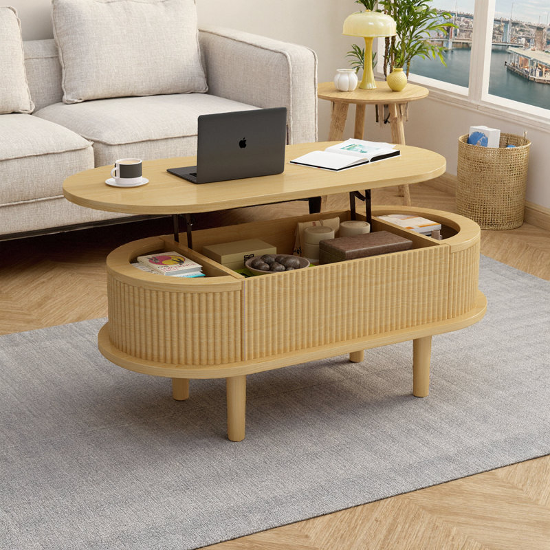 Table basse à plateau relevable hydraulique avec compartiments de rangement cachés, Bois naturel