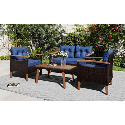 Mobilier de jardin 4 pièces, ensemble de sièges de patio, ensemble de canapé d'extérieur, table et pieds en bois, brun et bleu
