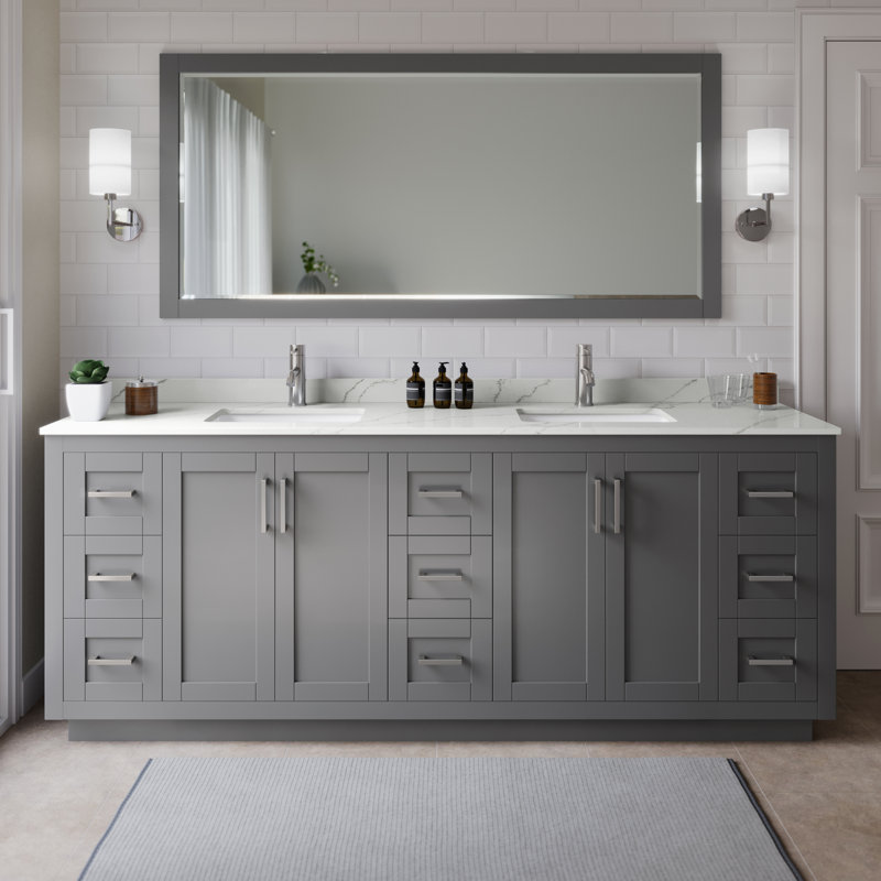 Meuble-lavabo double autoportant de 84 po avec plateau en quartz Miranda, Giotto Quartz, Gris foncé, Nickel brossé