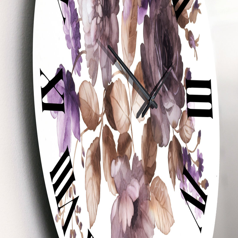 Purple Retro Flowers With Brown Leaves - Traditional Wall Clock, 23" H x 23" W x 1" D