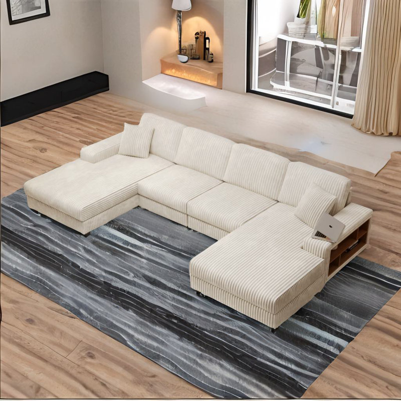 Convertible U-shaped Combination Sofa, Beige Corduroy