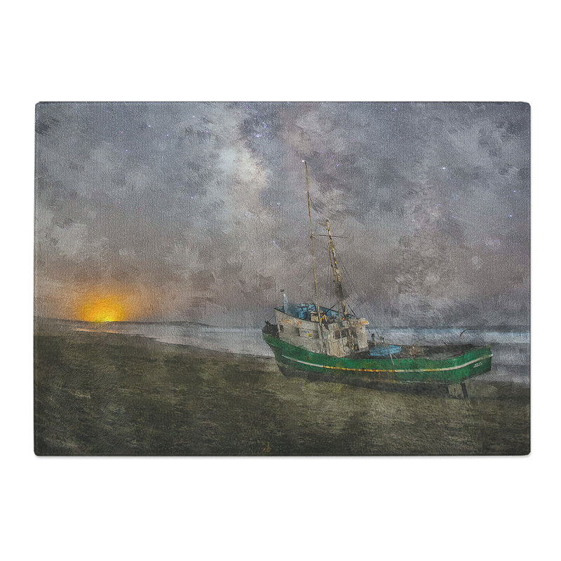 Tempered Glass Grounded Fishing Boat at Dusk Chopping Board, 28.5 cm x 39 cm
