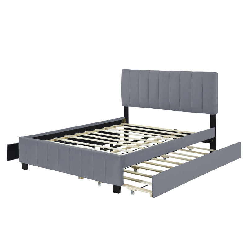 Lit plateforme tapissier avec tiroirs et lit gigogne, Gris