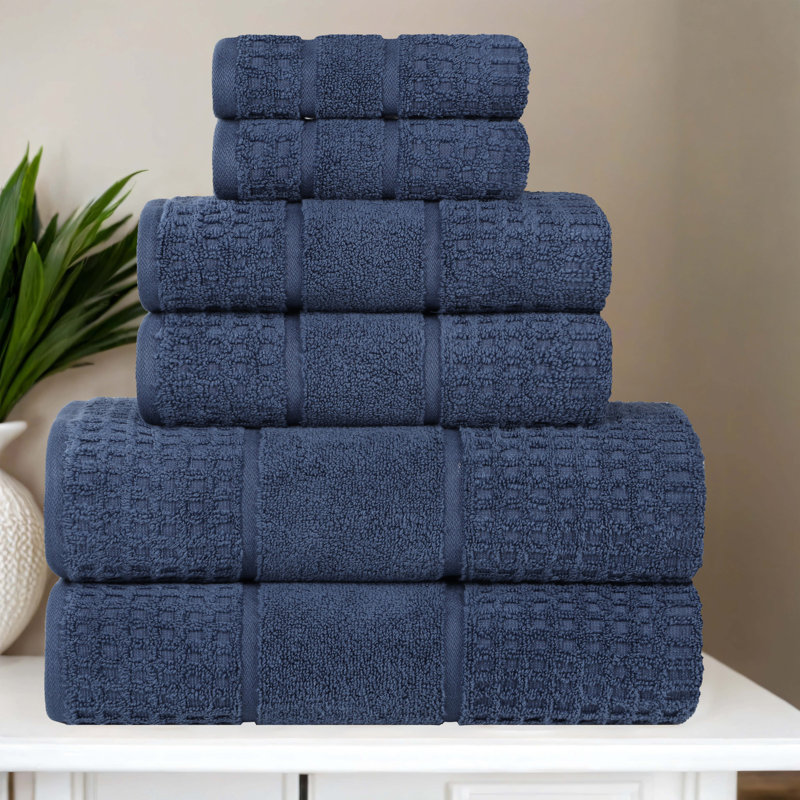 Ensemble de serviettes en coton gaufré Hisela Zero Twist, Ensemble 6 serviettes de bain, Bleu denim
