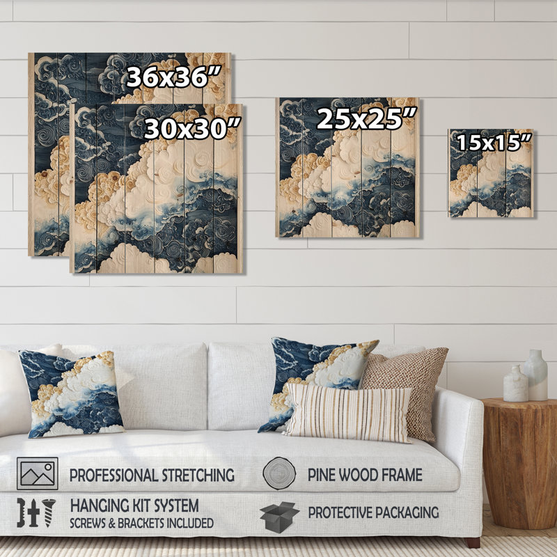 Abstract Sea Breeze Waves III - Coastal Wood Wall Decor On Natural Pine Wood, 15" H x 15" W