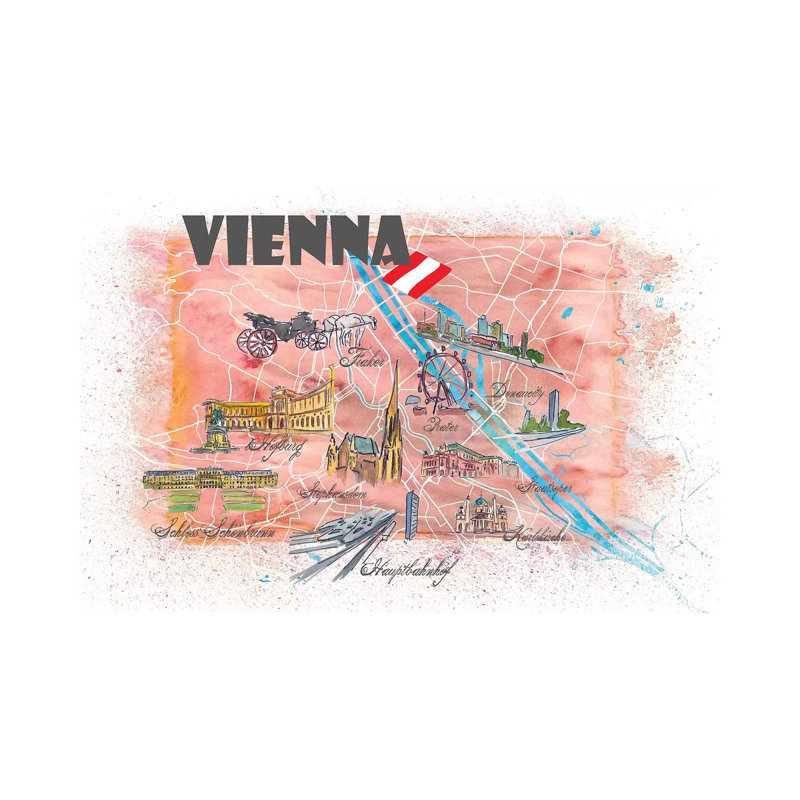 " Vienna Austria Illustrated Map " Painting Print, 26" H x 40" W x 1.5" D