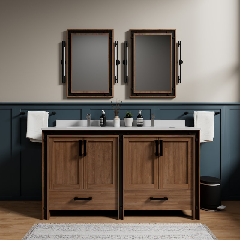 Meuble-lavabo double l 60 po x P 22 po Ziva, Bois de grange rustique