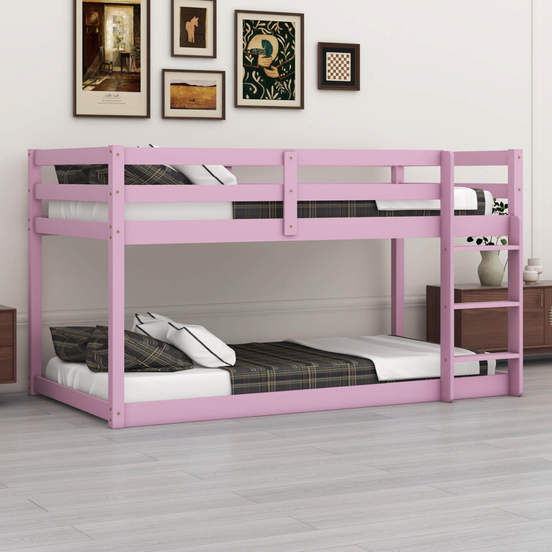 Twin Over Twin Solid Rubber Wooden Floor Bunk Bed – Ladder & Strengthened Slat Bed Platform, Pink