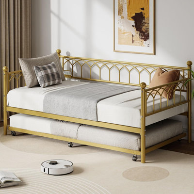 Twin Daybed with Trundle, Charging Station & LED Lights, Metal Sofa Bed Frame for Bedroom & Living Room
