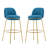 Indoor Metal Upholstered Barstool, Gold Finished Frame And Blue Upholstery, Set Of 2