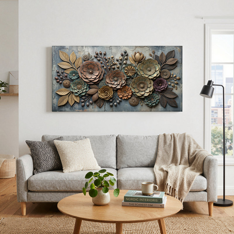 Ensemble de 1 tableau mural en relief floral sur toile, L 58 po x H 28 po, Toile tendue
