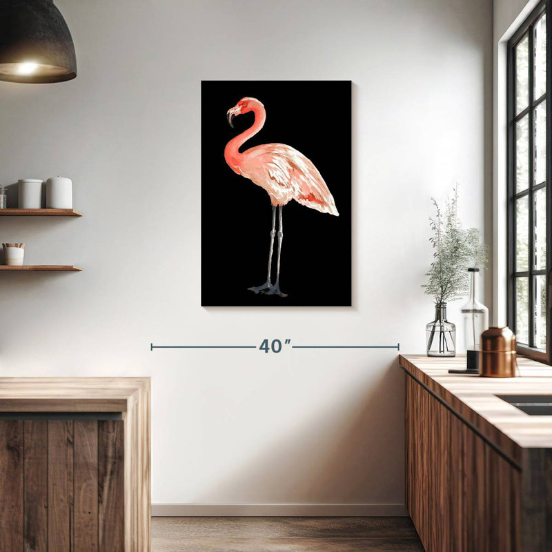Flamant rose sur fond noir, H 36 po x l 24 po