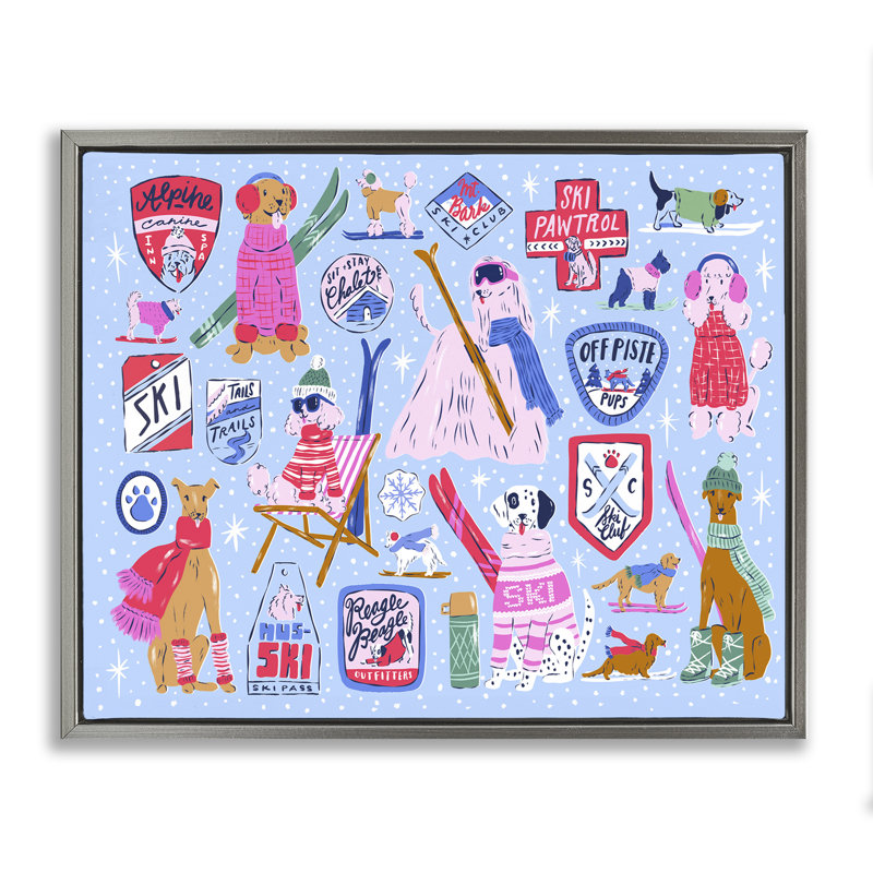 Cadre flottant composition Ski Dogs, design par Krissy Mast, Cadre flottant gris lustré, H 17 po x l 21 po