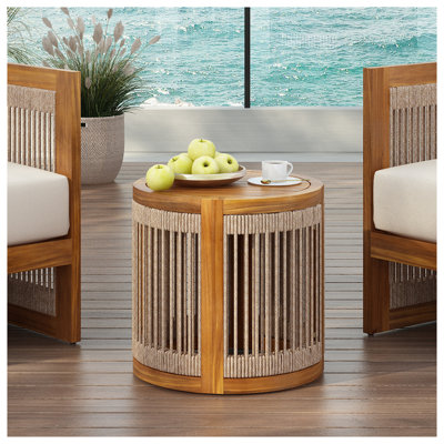 Table d'appoint d'extérieur en corde tissée à la main 16,9 po - Table basse ronde en bois d'acacia de qualité supérieure avec motif boho résistant aux intempéries