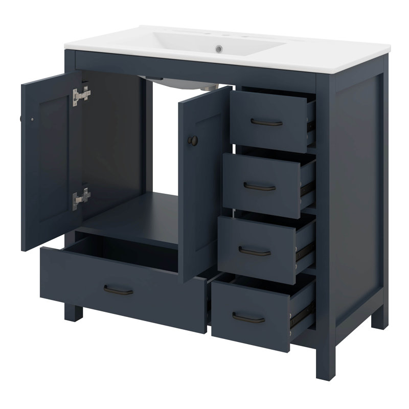 Meuble-lavabo 36 po avec lavabo en céramique, armoire de rangement multifonctionnelle avec 2 portes et 5 tiroirs, pieds en bois massif