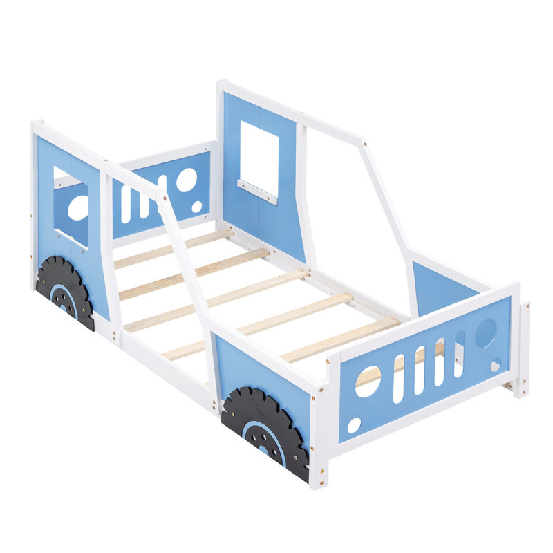 Lit plateforme classique avec roulettes en forme de voiture, Bleu