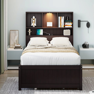 Twin Size Wood Platform Bed With Bookcase Headboard, Built-In Downlight, Charging Station, And 2 Side Drawers, Expresso