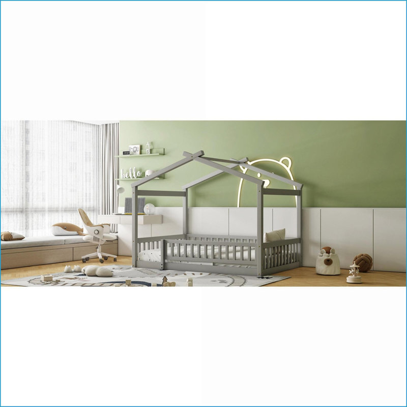Structure de lit pleine grandeur en pin massif avec clôture et amp; Toit, gris - idéal pour les adolescents, Double