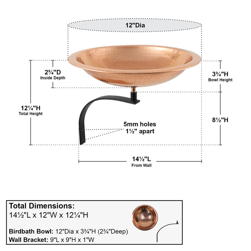 Hammered Copper Birdbath with Wall Mount Bracket