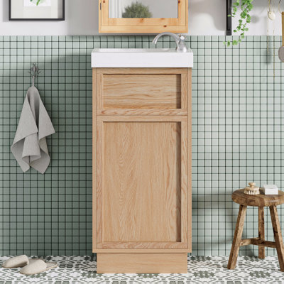 15.75" Bathroom Vanity With Reversible Resin Sink, Mdf Cabinet With Adjustable Shelf And Push-To-Open Door, Wood Grain Melamine Finish, Reversible Door, Rustic Style
