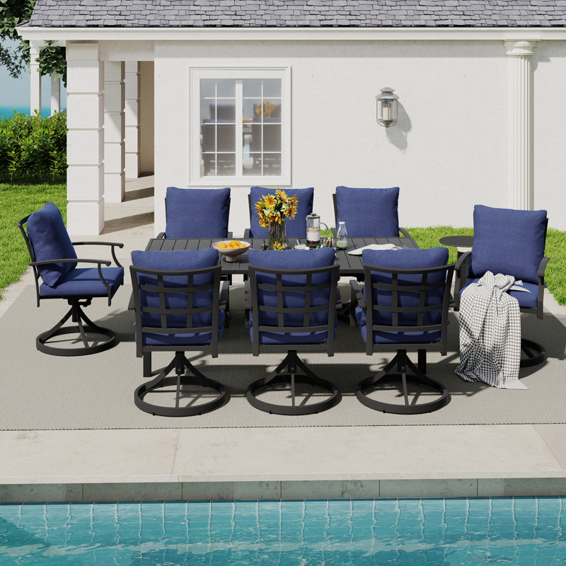 Maynard 9-Piece Black Metal Patio Dining Set With Rectangular Table, 8 Swivel Dining Chairs And Blue Cushions, Blue