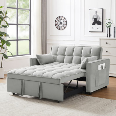 Modern Velvet Loveseat Futon Sofa Couch W/Pullout Bed,Small Love Seat Lounge Sofa W/Reclining Backrest,Toss Pillows, Pockets,Furniture For Living Room,3 In 1 Convertible Sleeper Sofa Bed