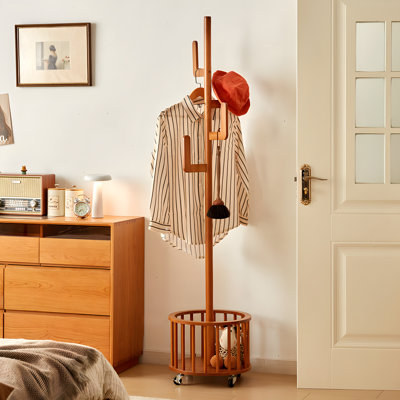 Solid Wood Coat Rack Stand With Laundry Hamper And Storage Shelf For Bedroom Entryway Clothes Organization