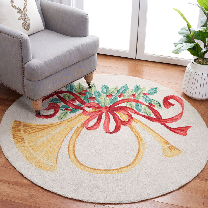 Tapis floral en laine crocheté à la main Timmons Posters - doré / vert / crème, Rond 6 pi