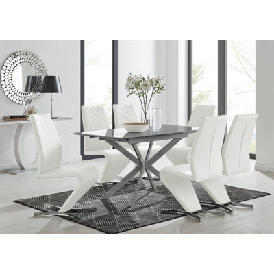 Eubanks Modern High Gloss Extendable Dining Table Set with x6 Luxury Faux Leather Dining Chairs