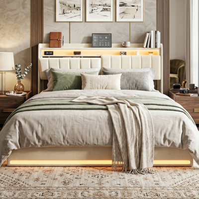 EU & UK Size Velvet Ottoman Bed with RGB LED Lights, Upholstered Smart Storage Bed Frame with Storage Headboard, USB & Type-C Charging, Grey & Beige, 90/135/140/150/160 x 190/200cm