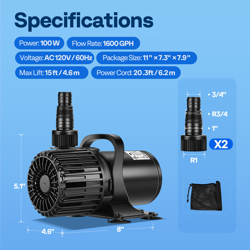 Pompe à eau submersible enfichable avec buse réglable, 220W, H 7,9 po x l 5,3 po x P 7,9 po