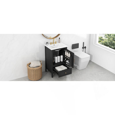 Meuble-lavabo de 20 po avec lavabo, armoire de salle de bain avec porte, tablette de porte et patins réglables, tiroir, noir