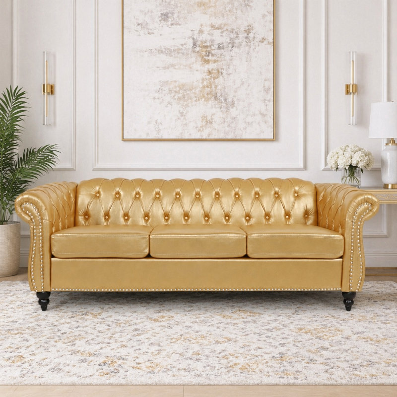 Canapé classique Chesterfield 3 places avec accoudoirs roulés et similicuir, Polyuréthane doré