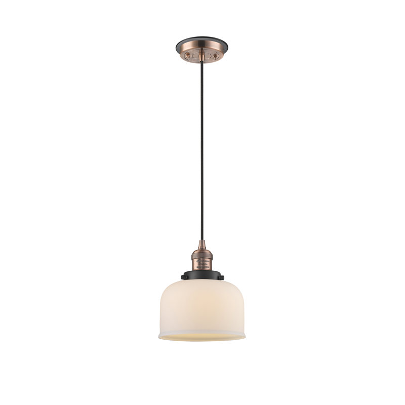 Luminaire suspendu en forme de cloche à 1 lumière Bissonnette, Cuivre antique et décorations noir mat, Grainé
