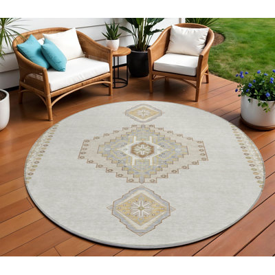 Tapis rond lavable intérieur et extérieur ivoire 8 pi gris et brun