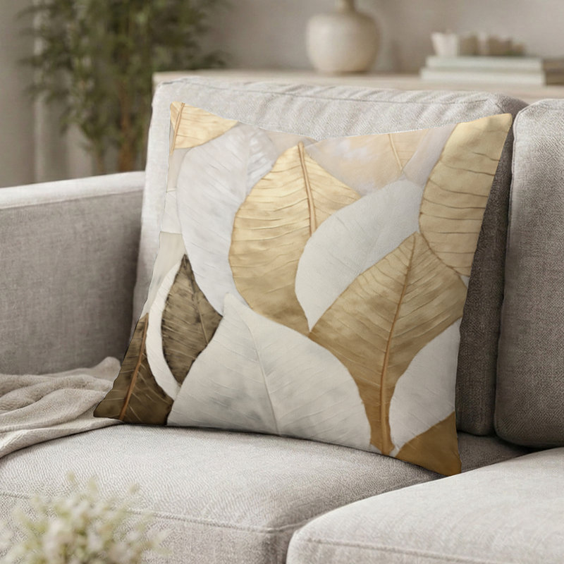 Coussin décoratif avec motif de feuilles minimalistes dorées - Coussin imprimé de feuilles, H 16 po x l 16 po