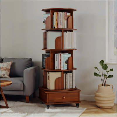 Bibliothèque rotative avec tiroir, bibliothèque d'angle à 5 niveaux à 360 degrés pour les petits espaces, étagère de rangement sur pied au sol, étagère en bois étroite pour la chambre à coucher et le salon