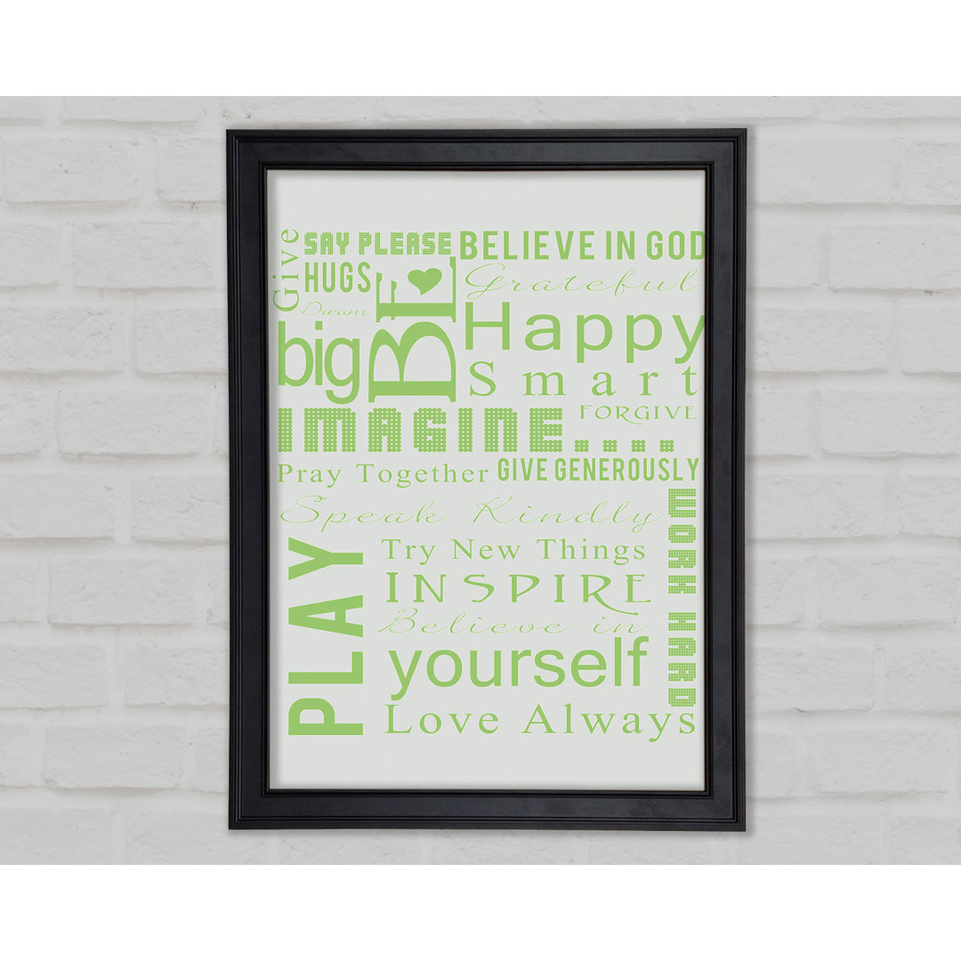 Gerahmter Kunstdruck Home Quote Family Rules Be Happy Love Always in Lindgrün 9796