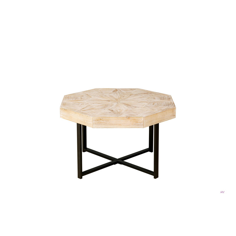 Wood Octagonal Vintage Patchwork Craft Farmhouse Coffee Table For Living Room, Oak Natural Wood