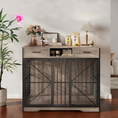 44 Inch Dog Crate Furniture for Large Medium Breeds, Funiture-Style Dog Kennel with Storage Drawers & Heavy Duty Steel Frame