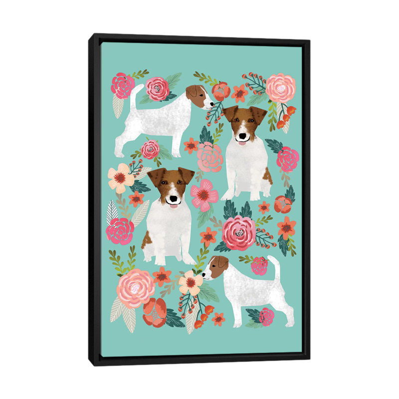 "jack terrier floral collage" , impression sur toile tendue, H 26 po x l 18 po x P 1,5 po, Toile encadrée noire, Pas de tapis