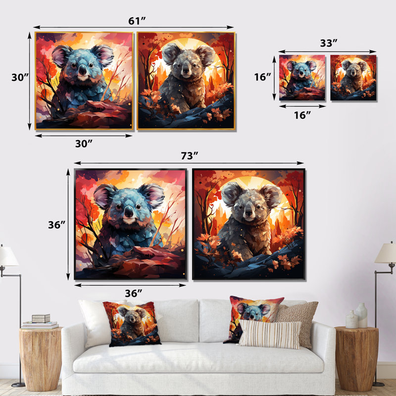 Koala Fiery Sunset I - ensemble de 2 reproductions d'art mural Koala, Cadre flottant noir, H 30 po x l 61 po x P 1 po