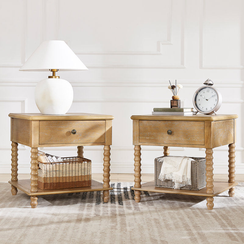 24" Solid Wood End Table with Drawer & Shelf, Side Table with Spindle Leg for Living Room & Bedroom, Beige