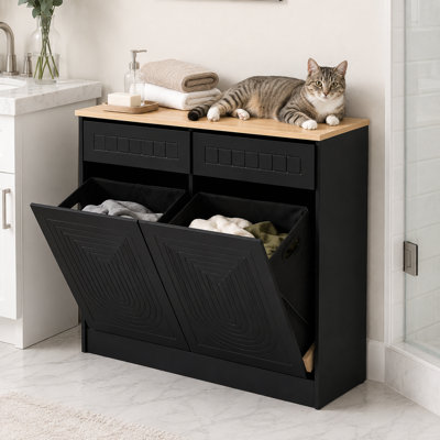 Armoire à paniers à linge contemporaine à double inclinaison, crédence de rangement pour poubelle autoportante avec 2 paniers en tissu amovibles pour la salle de lavage et le vestibule, noir