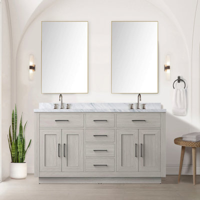 Meuble-lavabo double en chêne 60 po X P 22 po D, avec plateau en marbre de Carrare